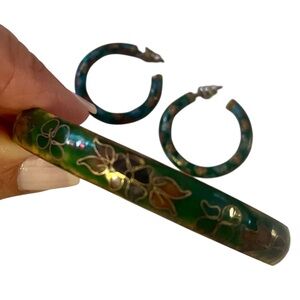 Vintage Green cloisonné bracelet and earrings set - excellent used condition!